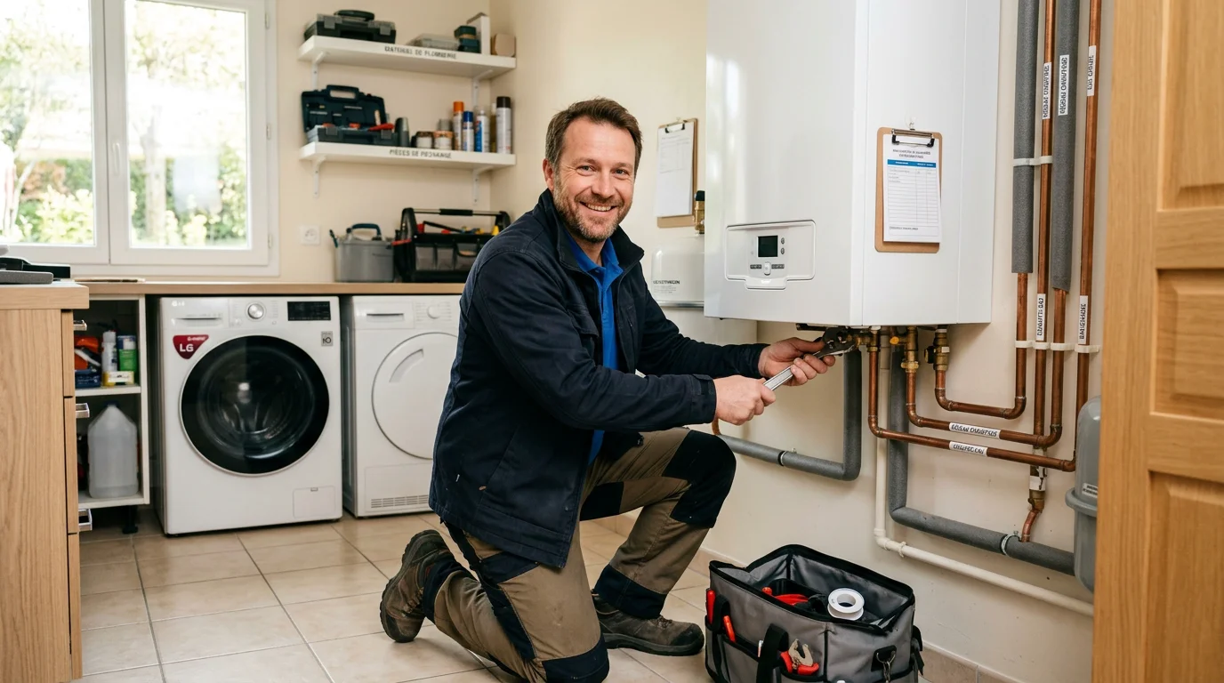 Technicien chauffagiste installant une chaudière dans une maison
