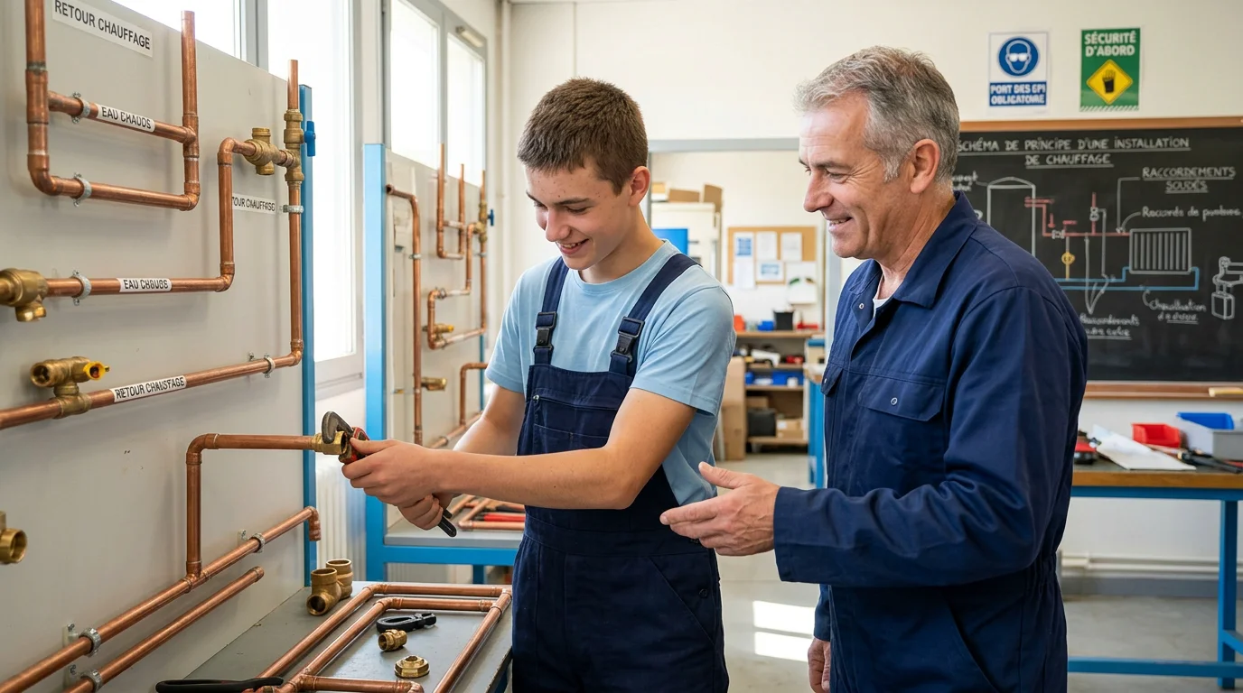 Apprenti en formation de chauffagiste dans un atelier