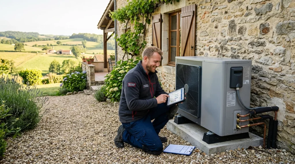 Un chauffagiste européen contrôle une pompe à chaleur extérieure devant une maison en pierre du Périgord