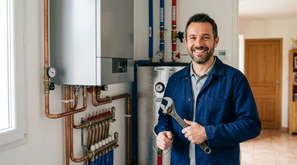 Artisan plombier chauffagiste souriant devant une installation de chauffage