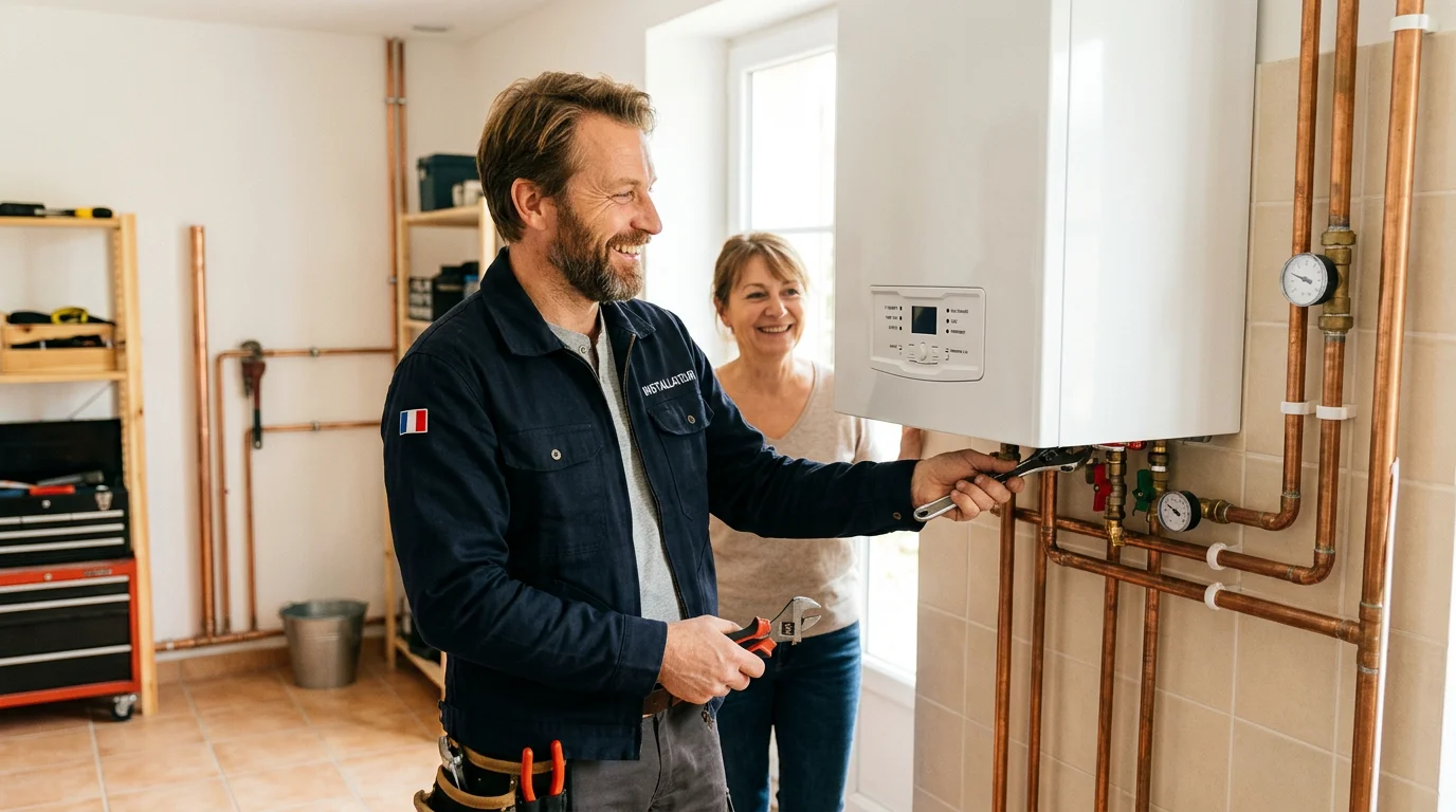 Artisan plombier chauffagiste installant une chaudière murale