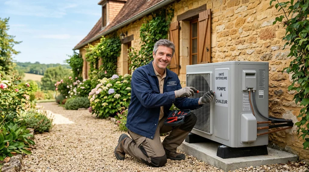 Artisan chauffagiste souriant devant une pompe à chaleur d'une maison en Dordogne