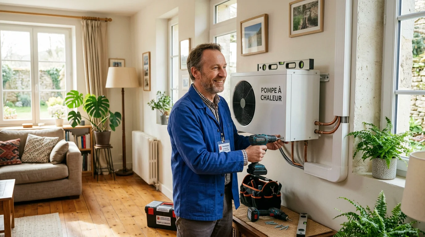 Artisan chauffagiste installant une pompe à chaleur dans une maison