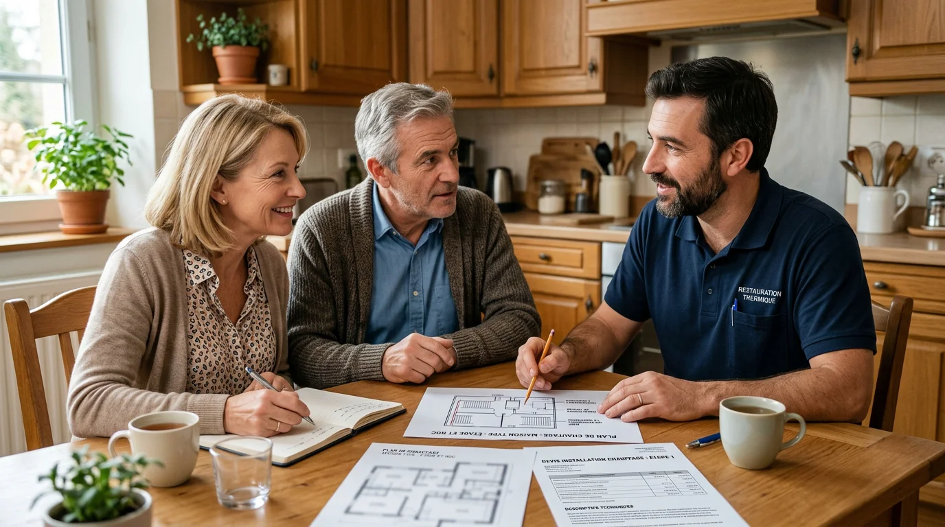 Couple recevant les conseils d'un chauffagiste pour choisir son chauffage