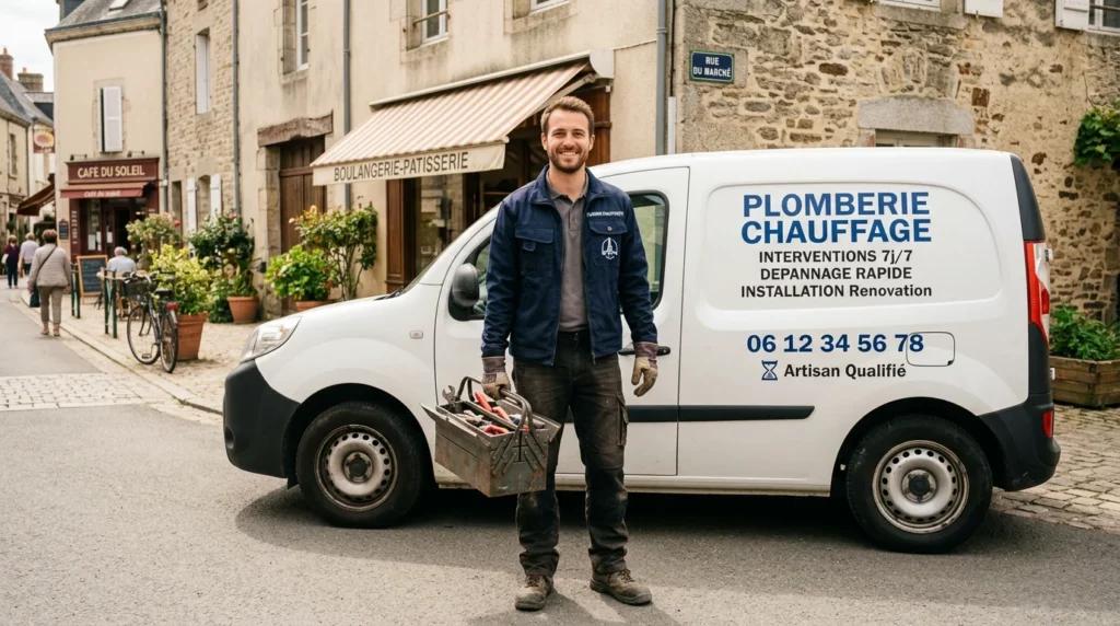 Un plombier européen souriant prêt à intervenir devant son véhicule en Dordogne