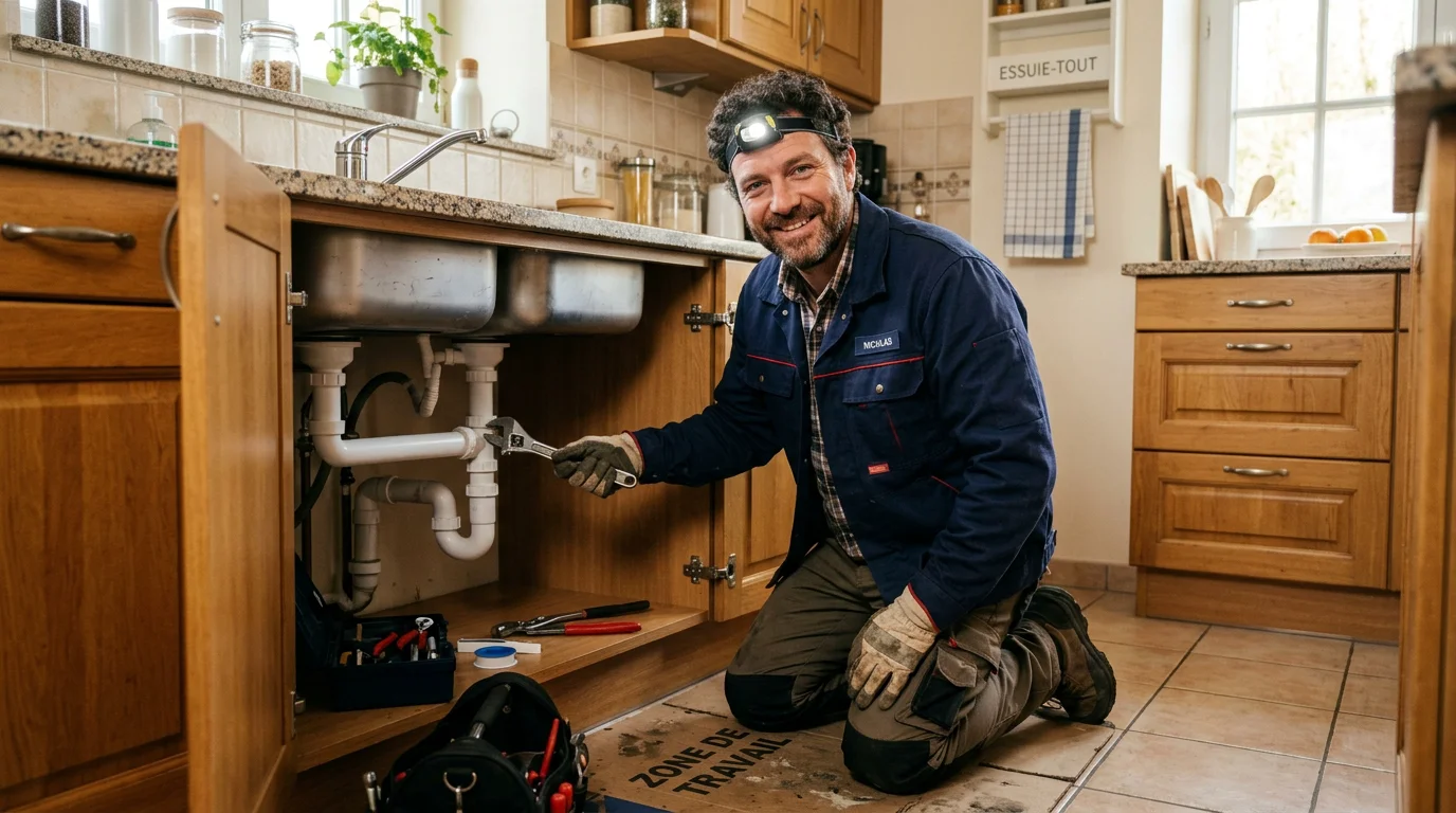 Un plombier européen souriant répare une fuite sous un évier de cuisine