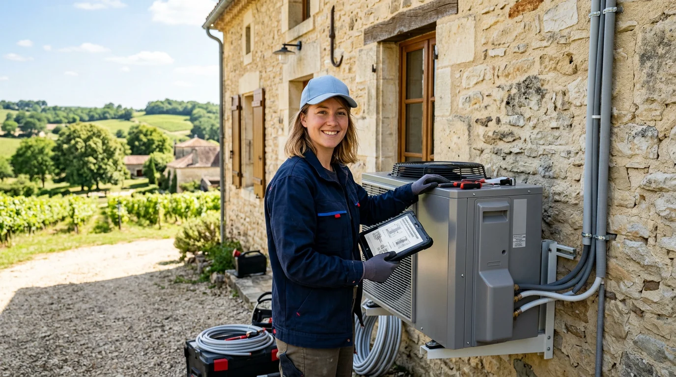 Un technicien européen installe une pompe à chaleur sur une maison en pierre à la campagne
