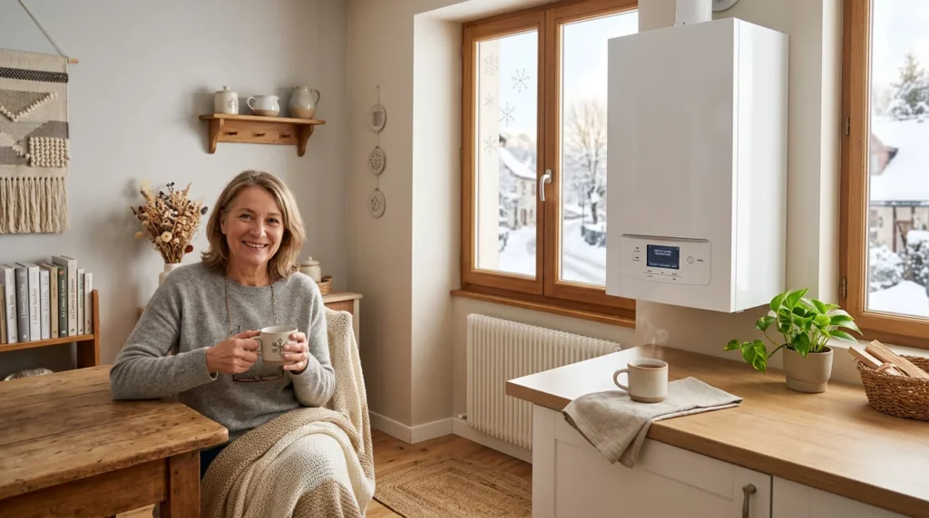 Chaudière gaz murale moderne dans un intérieur chaleureux en hiver