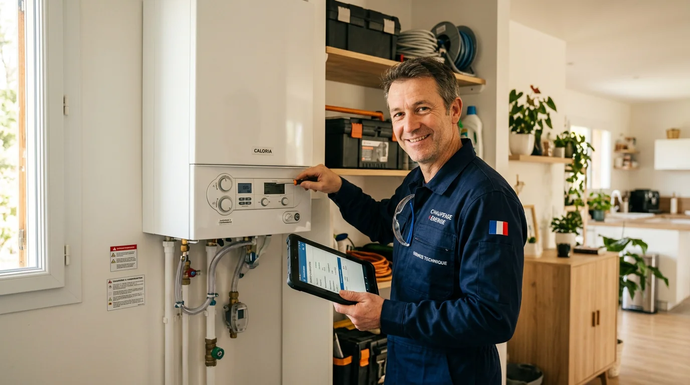Technicien européen contrôlant une chaudière gaz murale lors de l'entretien annuel
