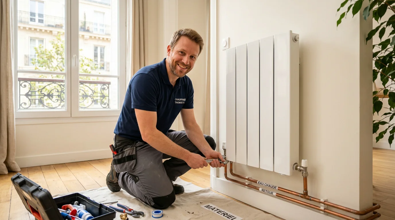 Technicien européen installant un radiateur dans une maison rénovée