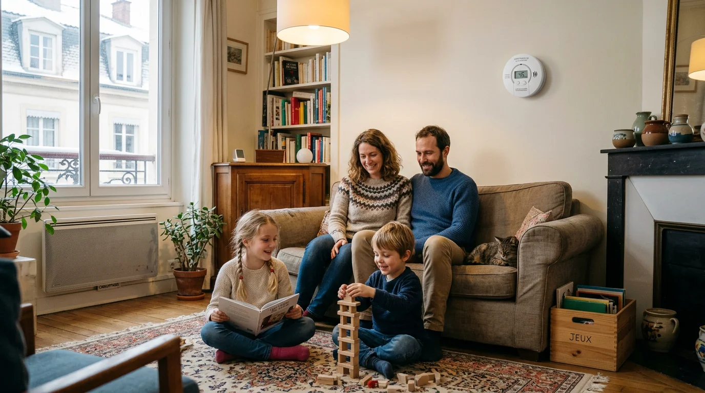 Famille européenne au chaud et en sécurité dans son salon en hiver