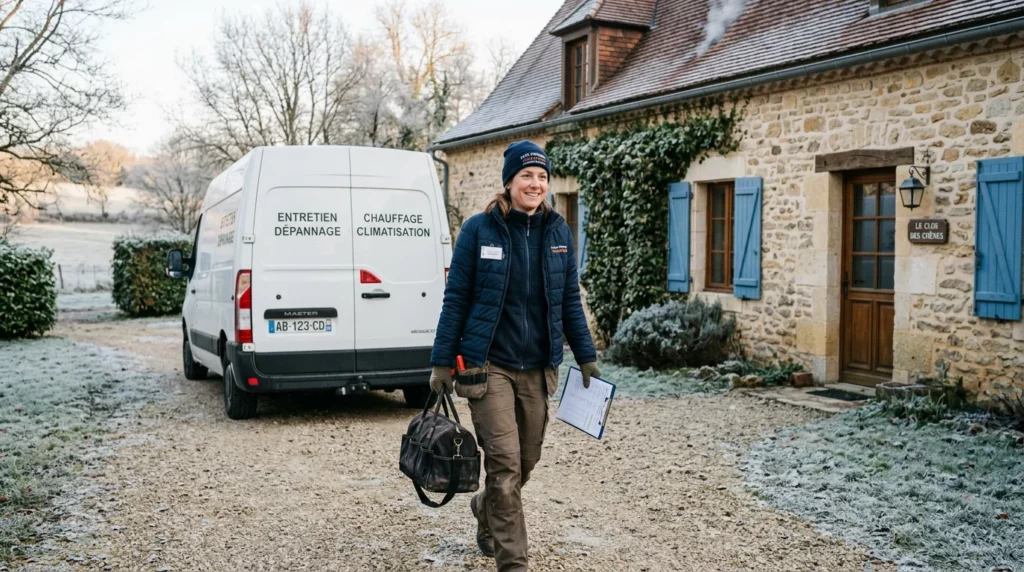 Chauffagiste européen arrivant pour un dépannage de chauffage en Dordogne