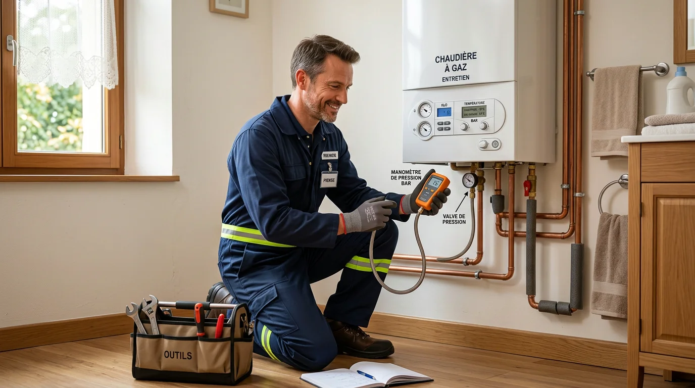 Chauffagiste européen diagnostiquant une chaudière murale à gaz lors d'un dépannage