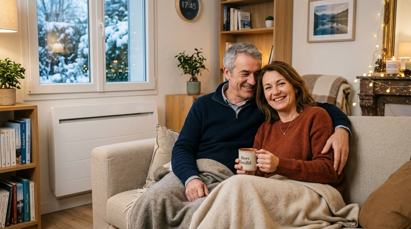 Couple européen confortablement installé chez lui grâce à un chauffage bien entretenu