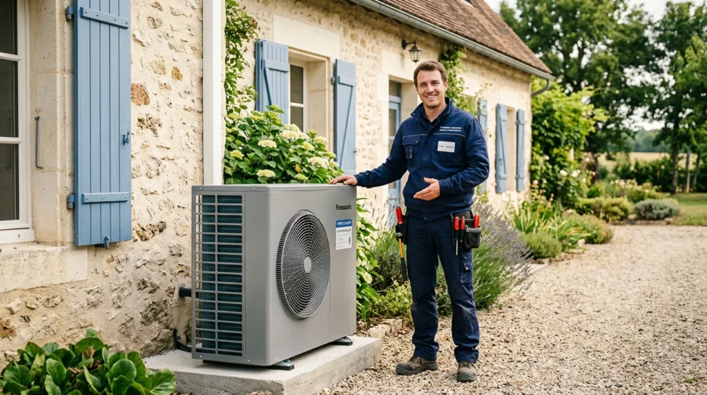 Un chauffagiste certifié RGE devant une pompe à chaleur installée à l'extérieur d'une maison