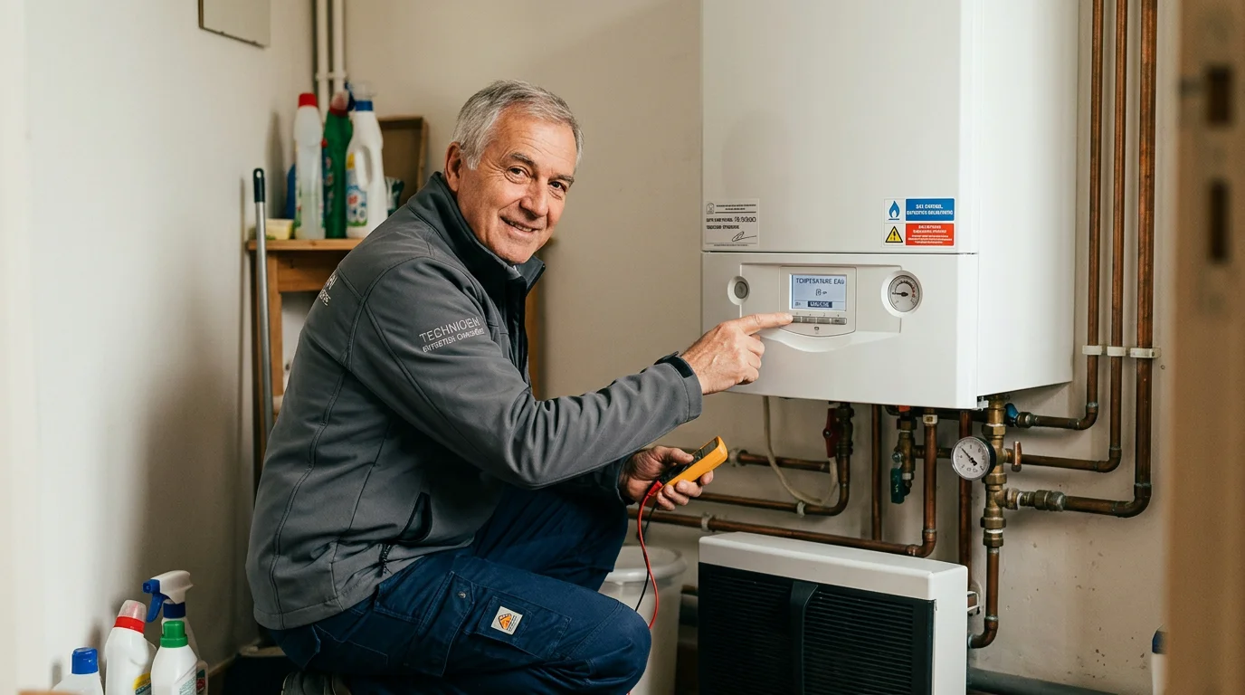 Technicien chauffagiste européen contrôlant une chaudière gaz avant la vente d'une maison