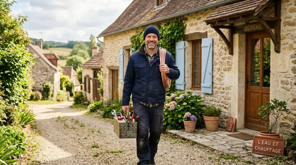 Plombier chauffagiste de proximité arrivant chez un client en Dordogne