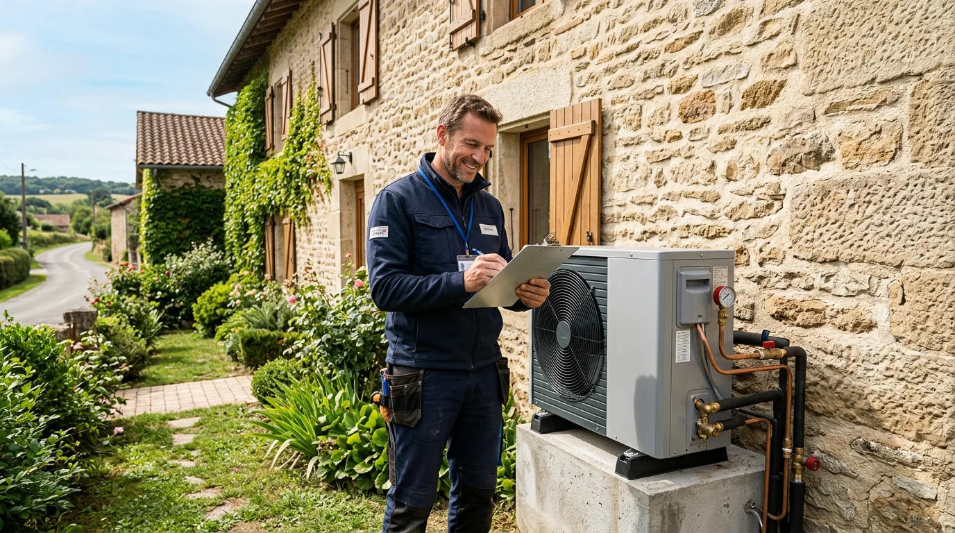 Technicien installant une pompe à chaleur air-eau devant une maison rénovée