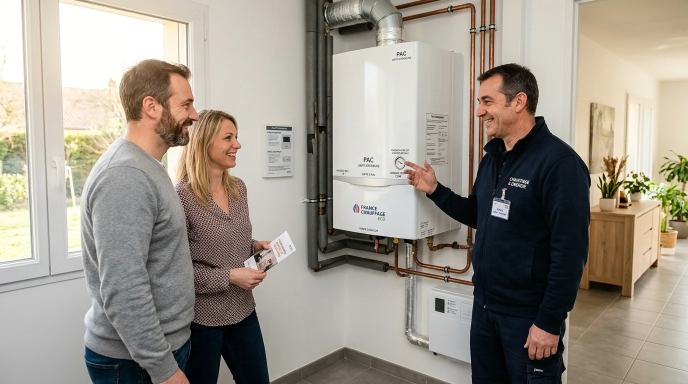 Un chauffagiste européen conseille un couple sur l'installation d'une pompe à chaleur