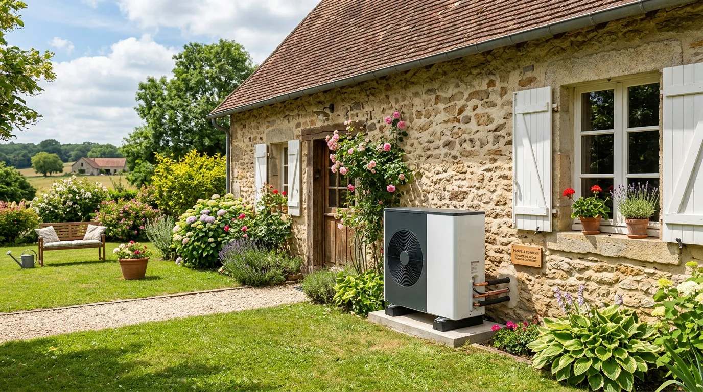 Pompe à chaleur air-eau installée devant une maison en pierre à la campagne